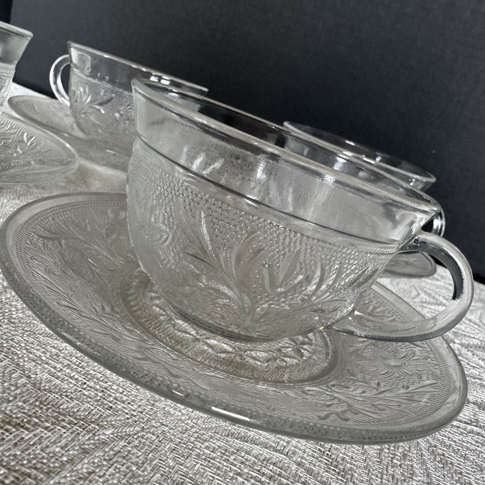 Indiana Glass Tiara Glass Sandwich 2 5/8" Cup & Saucer - 4 Sets Depression Glass - Picture 5 of 5